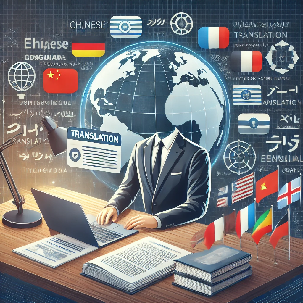 dall·e 2025 02 23 17.00.54 a professional translation service concept. a modern office desk with documents in multiple languages, a laptop displaying a translation software inte