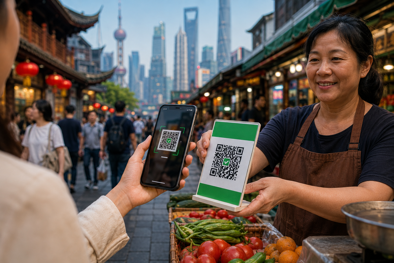 صورة لباعة في سوق صيني تقليدي يقبلون الدفع عبر رمز QR، بينما يقوم أحد الزبائن بالدفع باستخدام هاتفه الذكي، في مشهد يجمع بين السوق التقليدي والتكنولوجيا الحديثة.